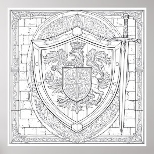 Poster Page de coloriage détaillé du blason de chevalier