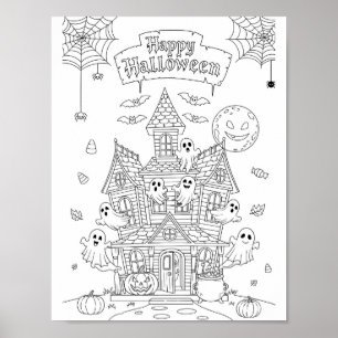 Poster Page de coloriage d'Halloween - Un manoir hanté
