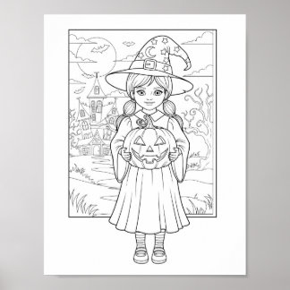 Poster Page de coloriage Halloween - Une fille avec Citro