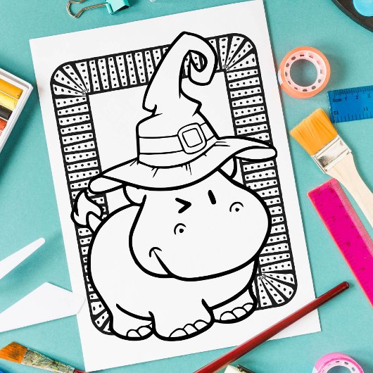 Poster Page de coloriage hippo Halloween drôle