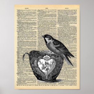 Poster Page Dictionnaire vintage avec Oiseau et Teacup