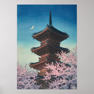 Poster Pagode de printemps japonaise vintage sur une soir