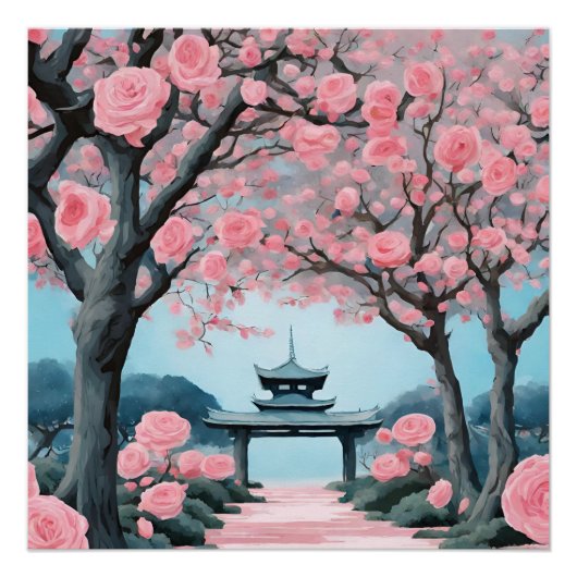 Poster Pagode des fleurs de cerisier japonais (Devant)
