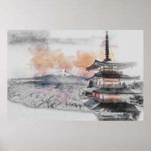 Poster Pagode japonaise avec mont Fuji – Minimaliste