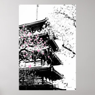 Poster Pagode japonaise noir/blanc avec cerisiers en fleu