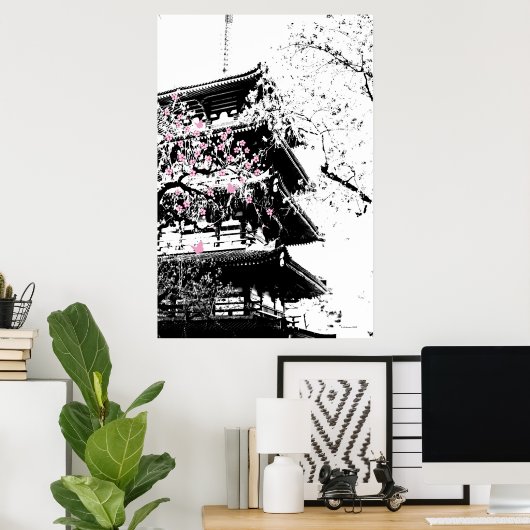 Poster Pagode japonaise noire/blanche avec fleurs de ceri (Bureau à domicile)