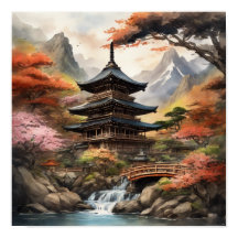 Pagode japonaise près d'une cascade