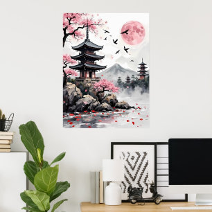 Poster Pagode sous une lune rose