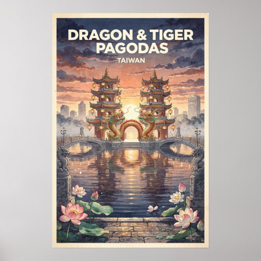 Poster Pagodes du Dragon et du Tigre Taïwan Voyage Rétro (Devant)
