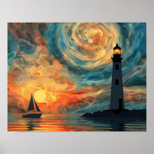 Poster Paint Paint Sunset Lighthouse