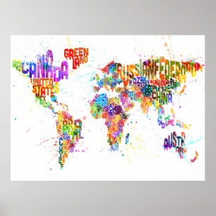 Poster Paint Splashes Texte Carte du monde