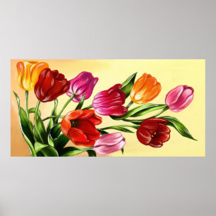 Poster Painting of Red Pink Yellow Orange Tulips