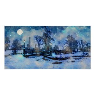 Poster Painting of winter night in city park
