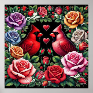 Poster Paire de cardinaux au milieu de Roses dynamiques