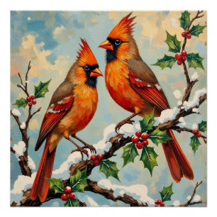 Poster Paire de cardinaux vintage sur branche de houx enn
