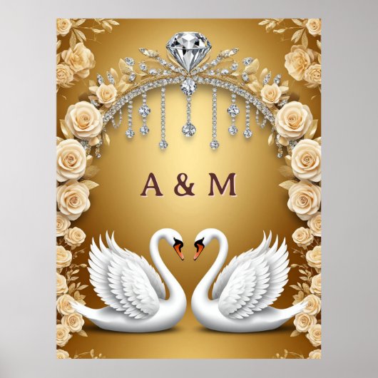 Poster Paire de cygnes dorés Mariage Rose Luxe Fond 🦢 (Devant)