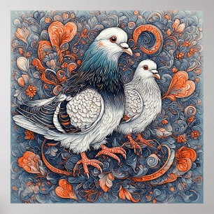 Poster Paire de pigeons élégants au milieu d'un art flora
