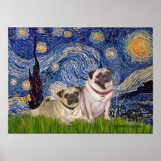 Poster Paire de Pug (fauve) - Nuit étoilée (Devant)