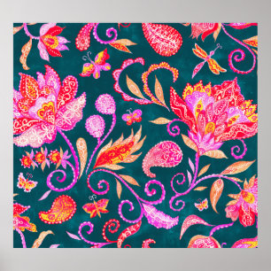 Poster Paisley Aquarelle Motif Floral Carreau
