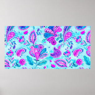 Poster Paisley aquarelle motif floral tuile : fleurs, f