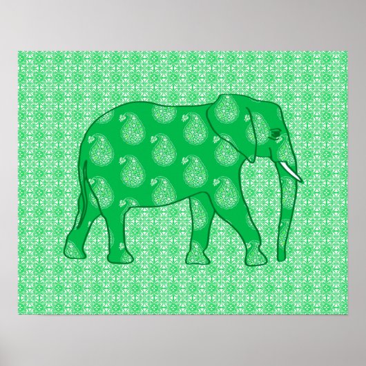 Poster Paisley éléphant - Jade vert et blanc (Devant)