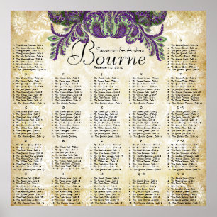 Poster Paisley Peacock Purple Gold Wedding Seating Chart