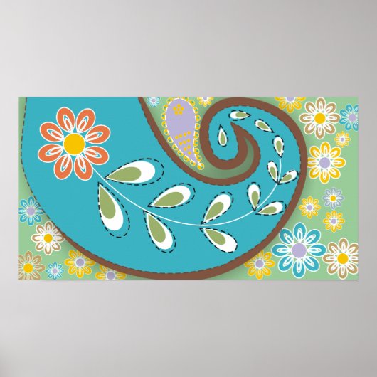Poster Paisley turquoise rétro avec fleurs (Devant)