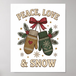 Poster Paix Amour Et Neige Mitaines Hivernales Tricotées 