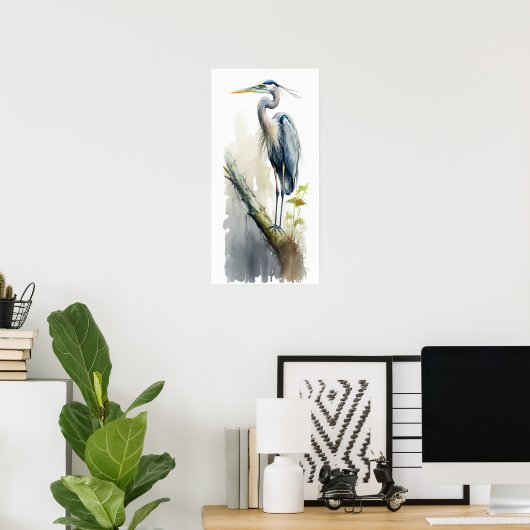 Poster Pale Majesty Grand Héron Bleu Perché AI Nature (Bureau à domicile)