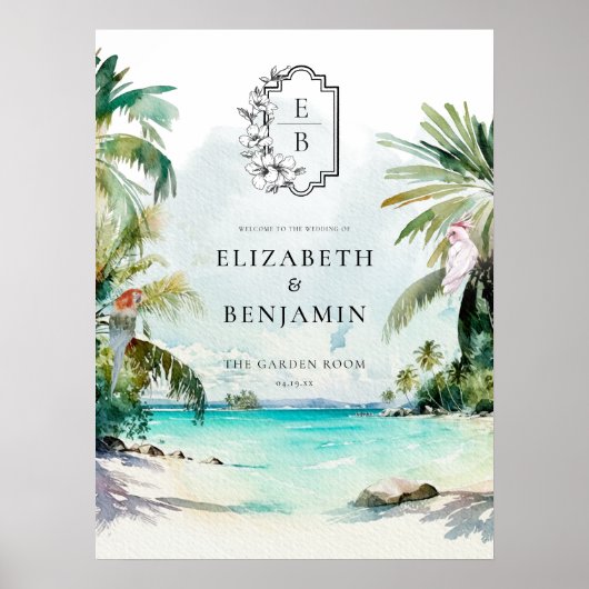 Poster Palm de Plage Tropical | Bienvenue du Mariage Mono (Devant)