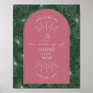 Poster Palm Feuille Coquillage rose vert Mariage Bienvenu