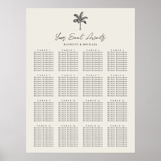 Poster Palm Tree Beach Wedding 16 Table Seating Chart (Devant)