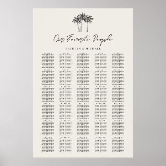 Poster Palm Tree Beach Wedding 30 Table Seating Chart (Devant)