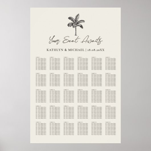 Poster Palm Tree Beach Wedding 30 Table Seating Chart (Devant)