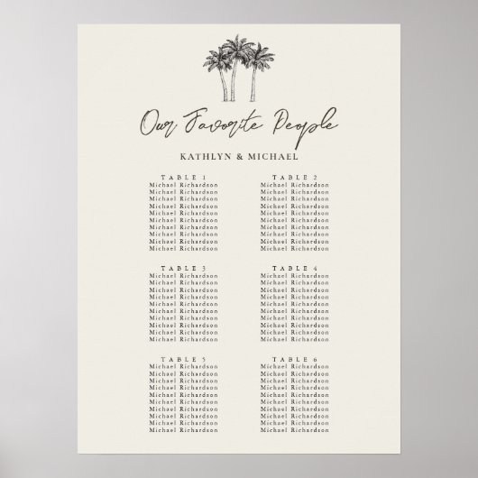 Poster Palm Tree Beach Wedding 6 Table Seating Chart (Devant)