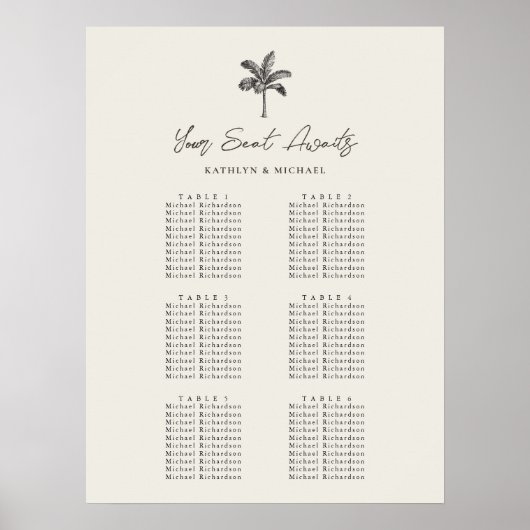 Poster Palm Tree Beach Wedding 6 Table Seating Chart (Devant)