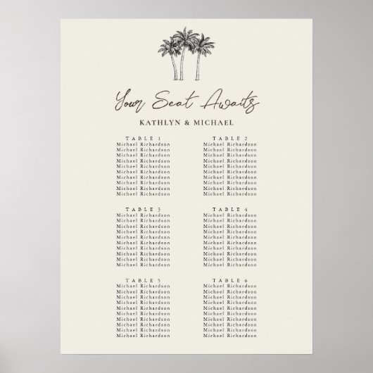 Poster Palm Tree Beach Wedding 6 Table Seating Chart (Devant)