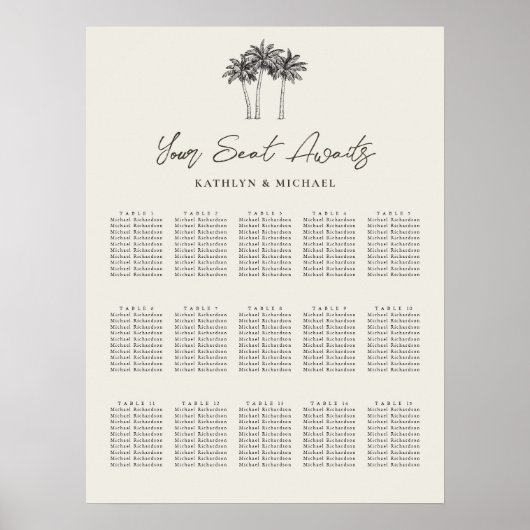 Poster Palm Tree Destination Wedding 15 Seating Chart (Devant)