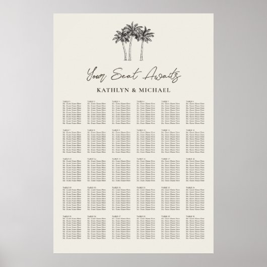 Poster Palm Tree Modern Mariage 30 Table Seating Chart (Devant)