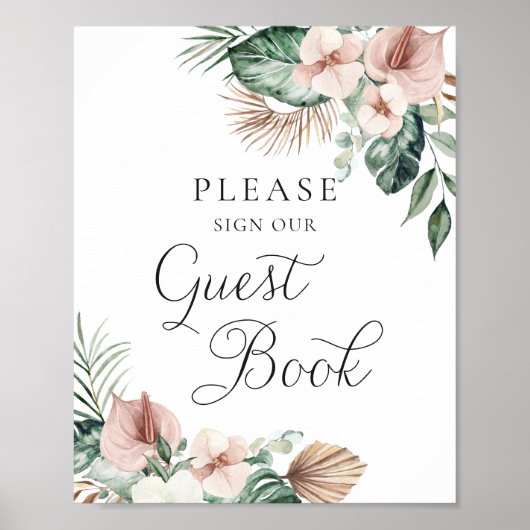 Poster Palm tropical Floral Blush Mariage Livre d'invité (Devant)