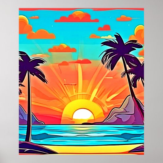 Poster Palmes de coucher du soleil : Vue tropicale (Devant)