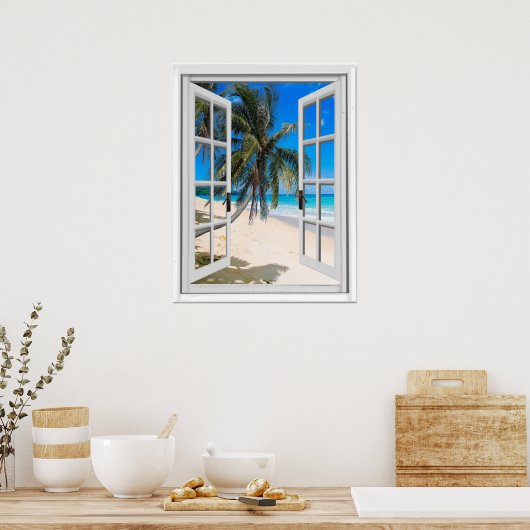Poster Palmiers et fenêtre Faux Vue Océan (Cuisine)