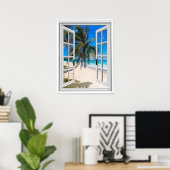 Poster Palmiers et fenêtre Faux Vue Océan (Bureau à domicile)