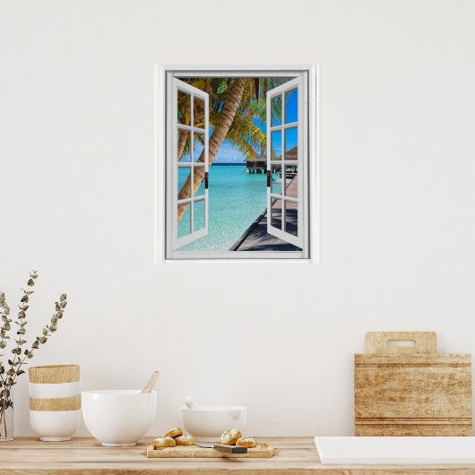 Poster Palmiers et fenêtre Faux Vue Océan (Cuisine)