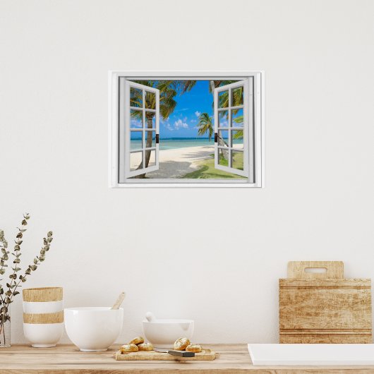 Poster Palmiers Sur La Plage Vue Océan Fausse Fenêtre (Cuisine)