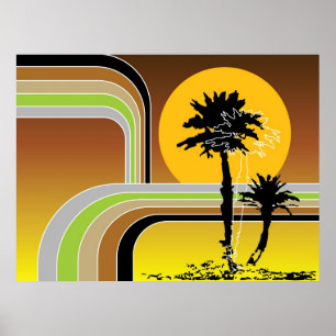Poster Palmiers Tropical Retro Beach Sunset Stripes Mod