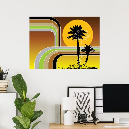 Poster Palmiers Tropical Retro Beach Sunset Stripes Mod (Bureau à domicile)