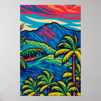 Poster Palmiers tropicaux avec Ko'olau Mountain Pop Art