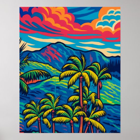 Poster Palmiers tropicaux et Ko'olau Mountain Pop Art (Devant)