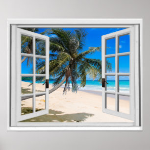Poster Palmiers tropicaux et vue sur l'océan Fausse fenêt